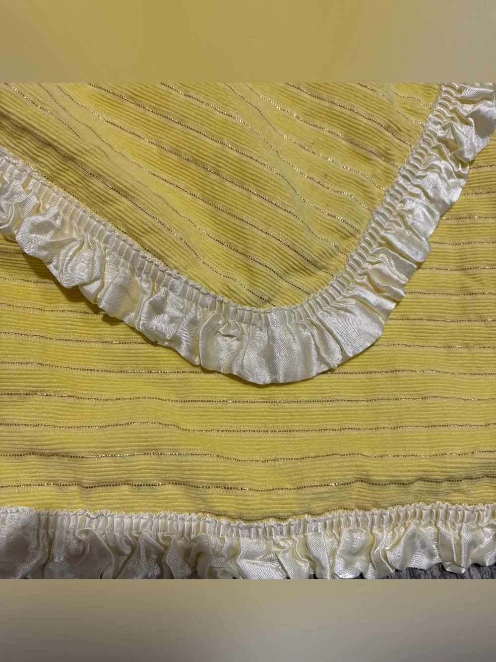 Vtg Handmade Baby Blanket W/ Pillowcase Yellow Satin Trim & Backing Gold Stripe